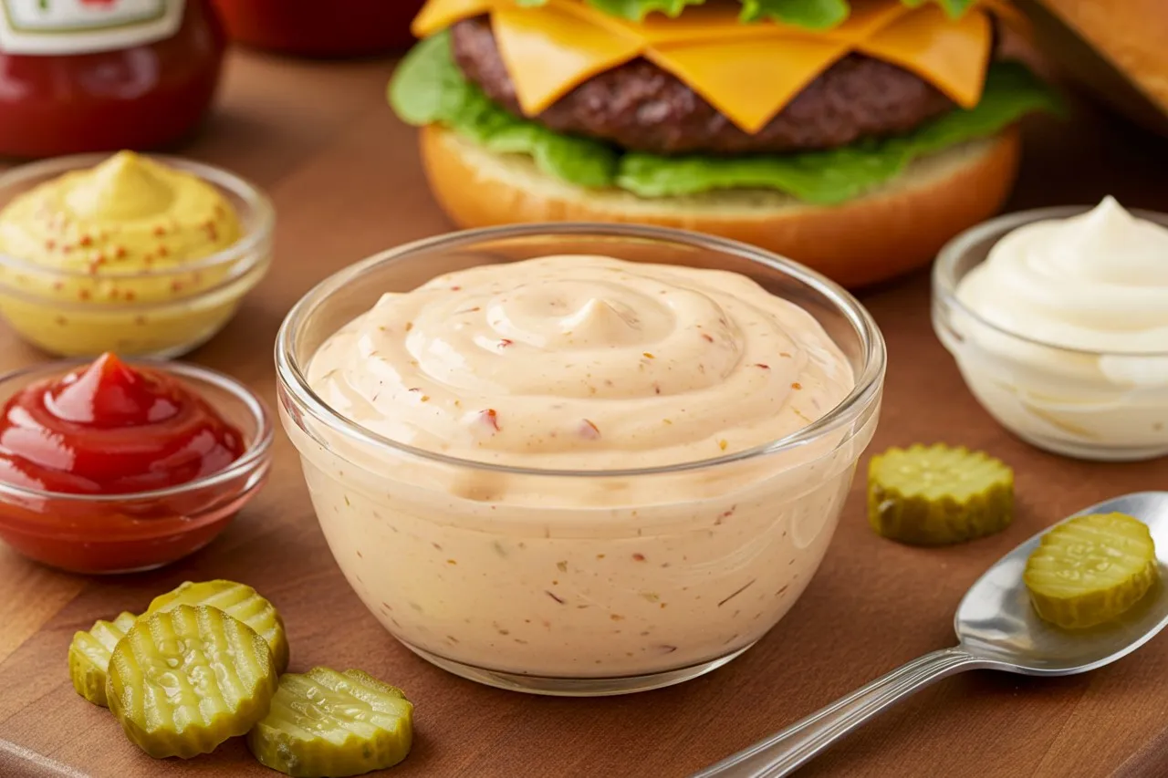Glass bowl of creamy smash burger sauce surrounded by pickles, condiments, and a cheeseburger in the background.