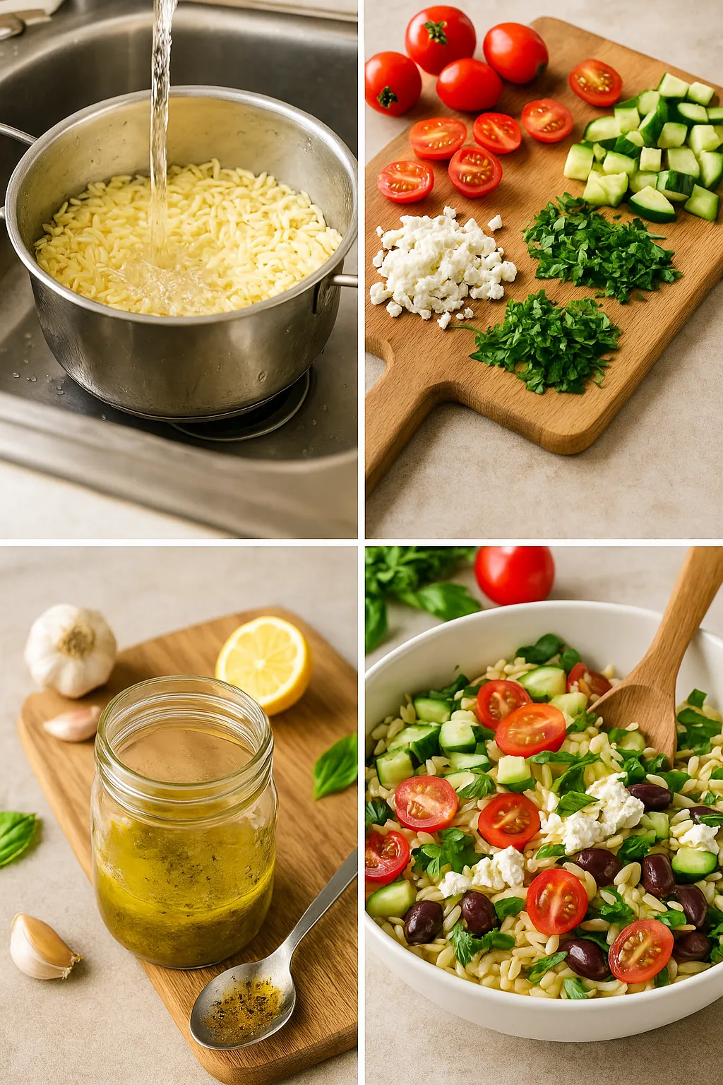 Four-step collage showing the process of making easy summer orzo salad: cooking orzo, prepping vegetables, making dressing, and mixing salad.