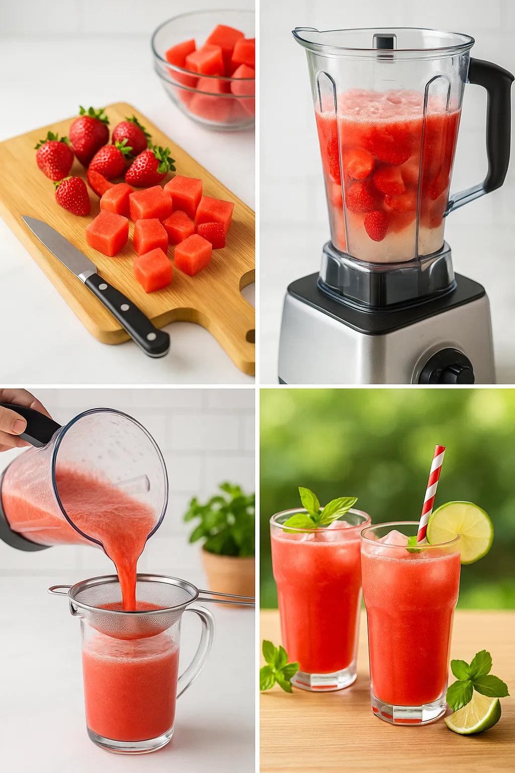 Four-step process of making a Watermelon Strawberry Coconut Cooler