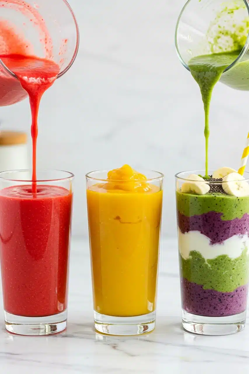 Three glasses showing layers of a rainbow layered fruit smoothie being poured step by step.