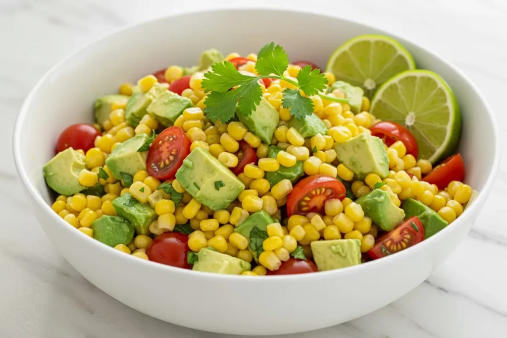 Fresh summer corn salad with avocado, cherry tomatoes, and lime in a white bowl.