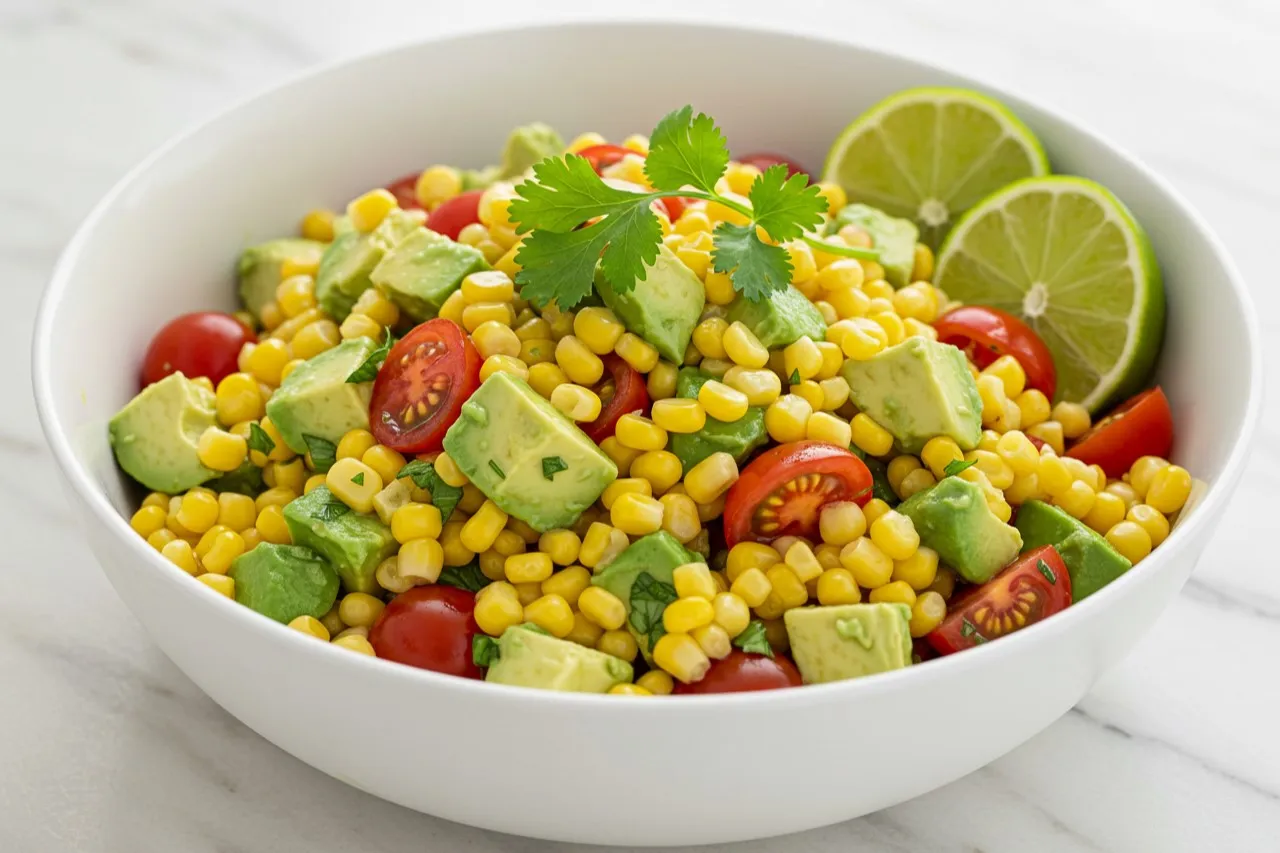 Fresh summer corn salad with avocado, cherry tomatoes, and lime in a white bowl.