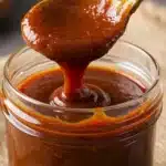 Spoon lifting rich BBQ sauce from glass jar