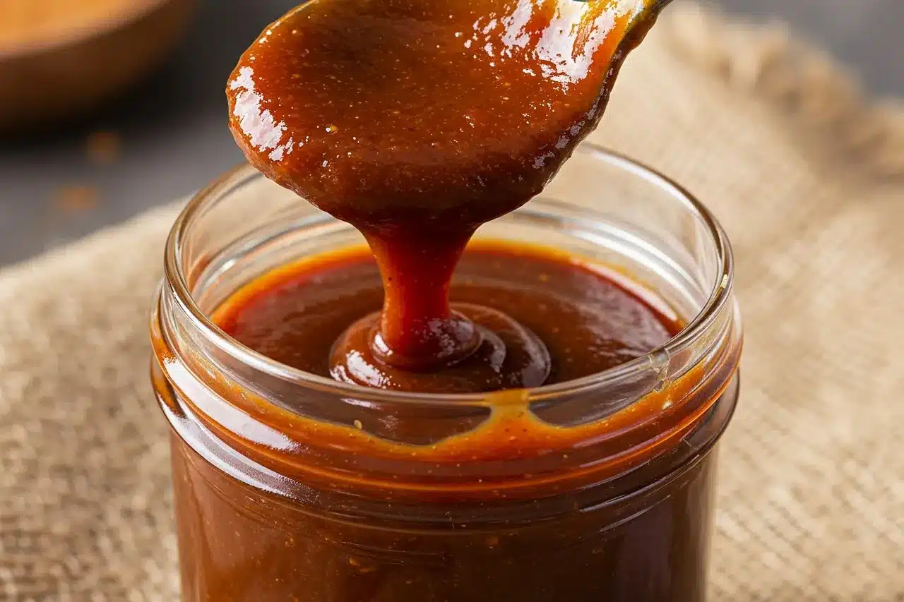 Spoon lifting rich BBQ sauce from glass jar