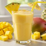 Glass of Tropical Mango Pineapple Splash smoothie with fresh fruit