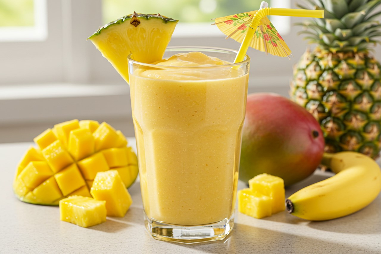 Glass of Tropical Mango Pineapple Splash smoothie with fresh fruit