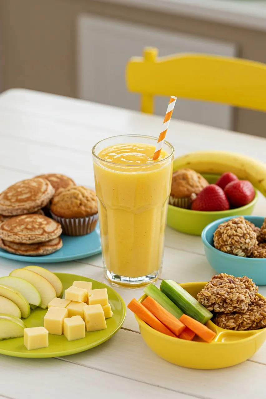 Tropical Mango Pineapple Splash smoothie with kid-friendly snack pairings