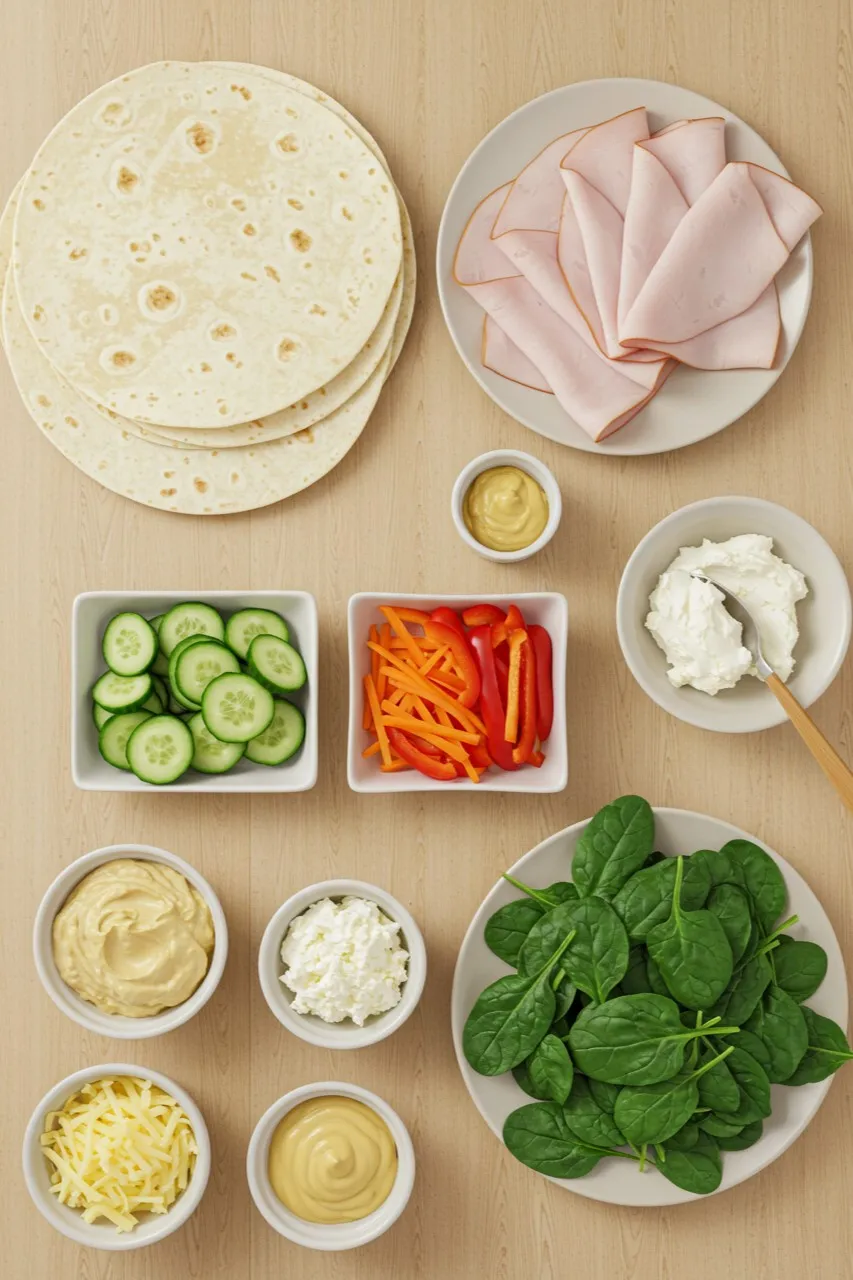 Ingredients for Turkey & Veggie Pinwheels laid out on a table, including tortillas, turkey slices, cream cheese, spinach, and fresh veggies.