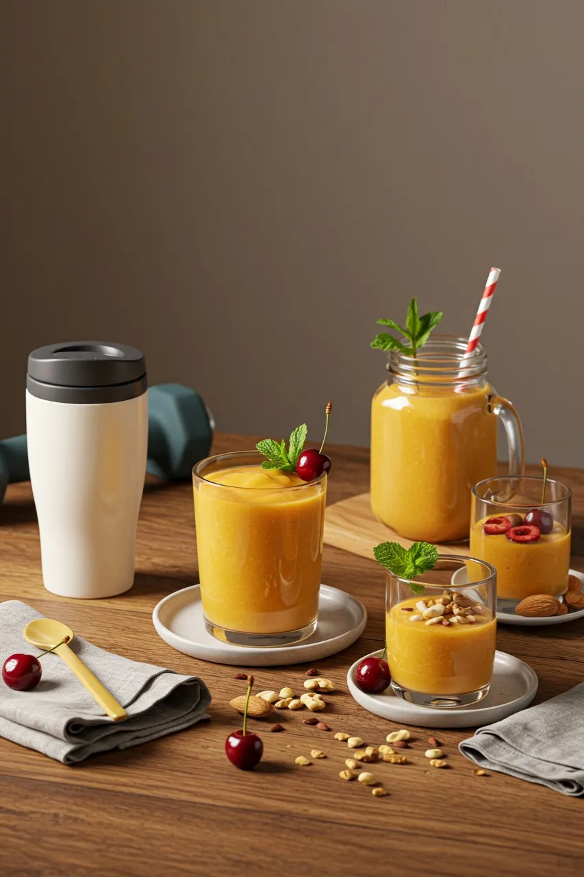 Multiple servings of Mango-Cherry Protein Punch in various glasses with garnishes, travel mug, and workout gear on a wooden table