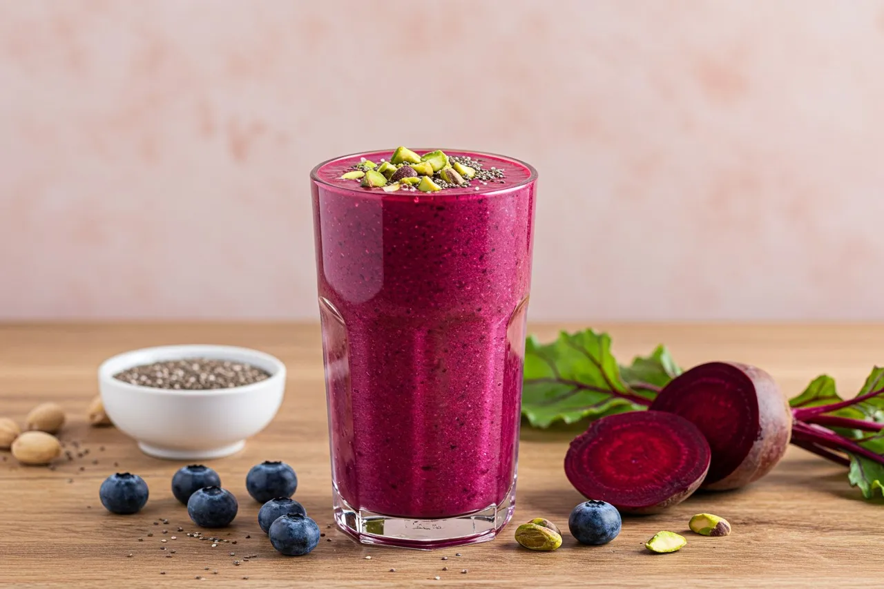 Blueberry beet smoothie in a glass with chia seeds and pistachios