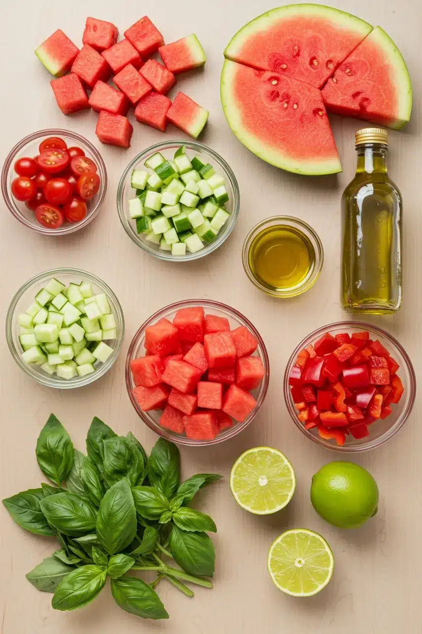 Fresh ingredients laid out for watermelon basil soup