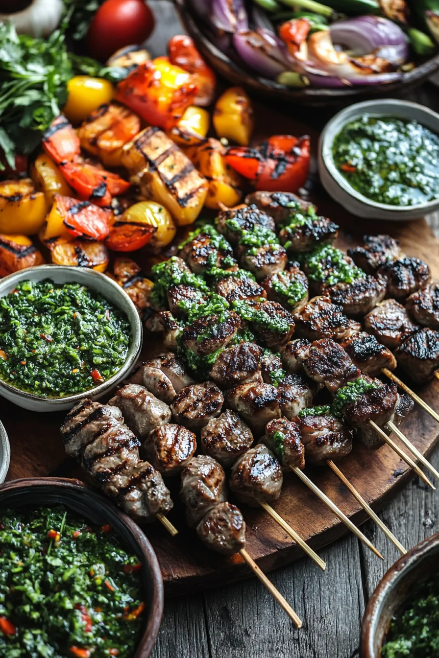Grilled meat skewers with chimichurri sauce and roasted vegetables on a wooden platter