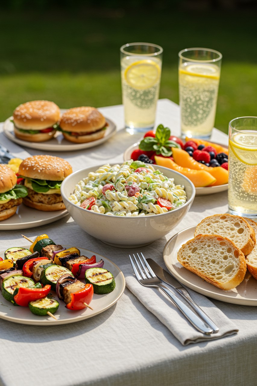 Creamy pasta salad served with burgers, grilled veggie skewers, fresh fruit, bread, and lemonade on an outdoor summer table.