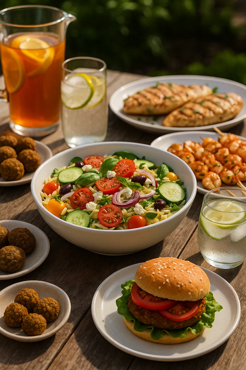 Outdoor summer table with a bowl of easy orzo salad, grilled chicken, shrimp skewers, veggie burger, falafel, and refreshing drinks.