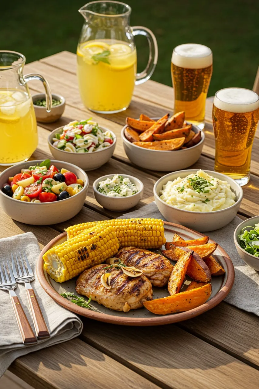 Summer grilled chicken with corn, sweet potatoes, pasta salad, and cold drinks