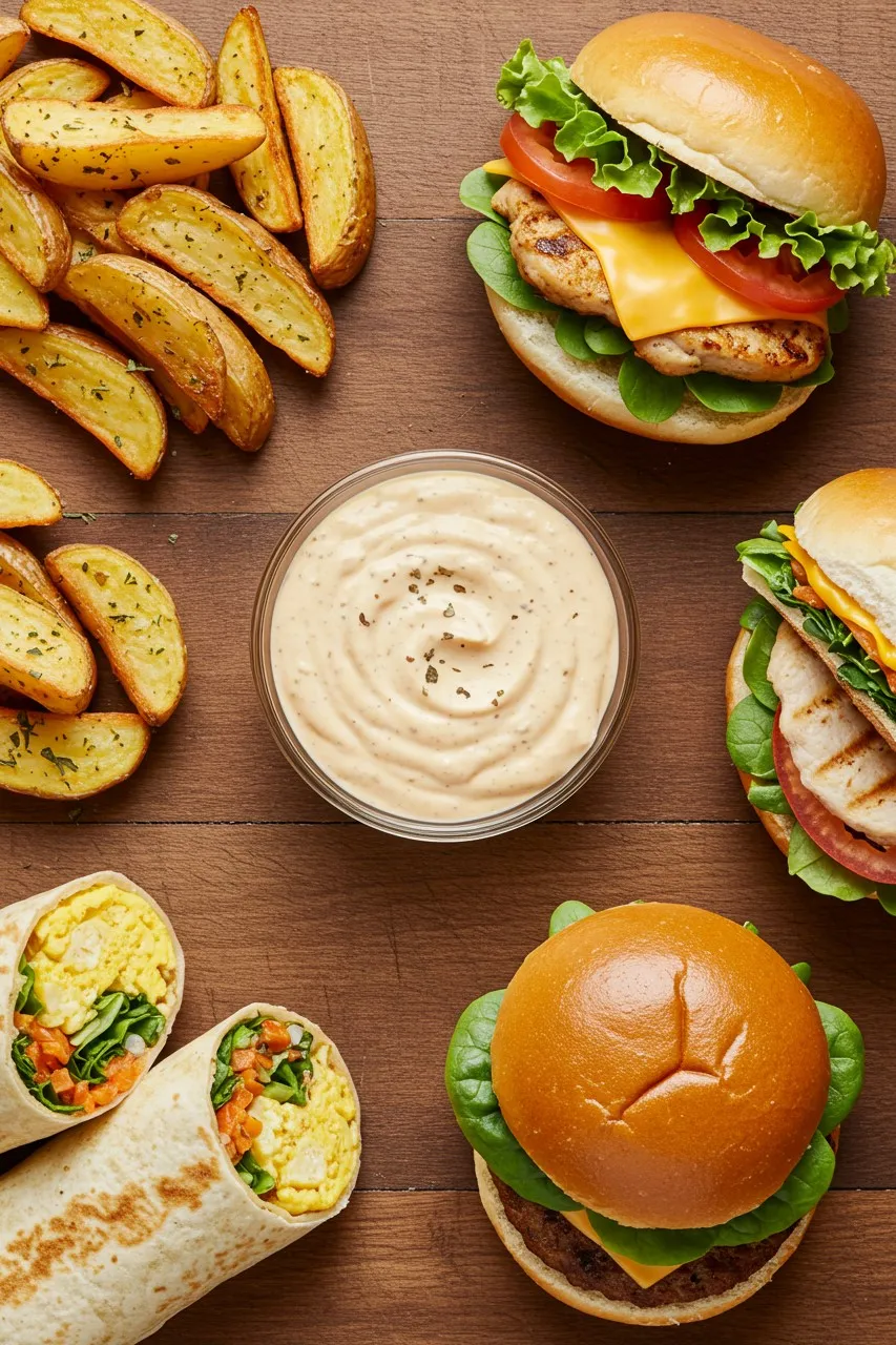 A bowl of smash burger sauce surrounded by grilled chicken sandwiches, breakfast wraps, potato wedges, and a burger on a wooden table.