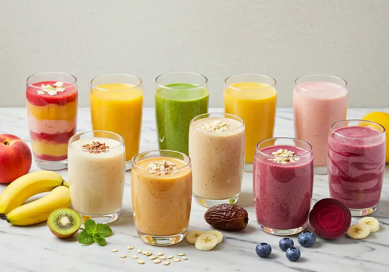 A colorful selection of summer healthy smoothies for kids displayed in clear jars and cups, surrounded by fresh fruit like strawberries, mango, blueberries, and bananas on a sunlit kitchen counter