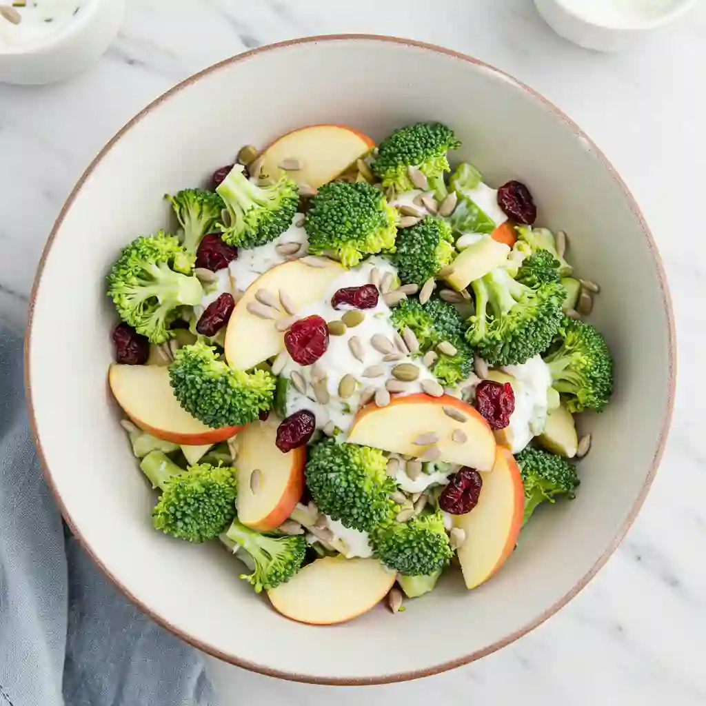 Creamy broccoli apple salad with sunflower seeds and cranberries.