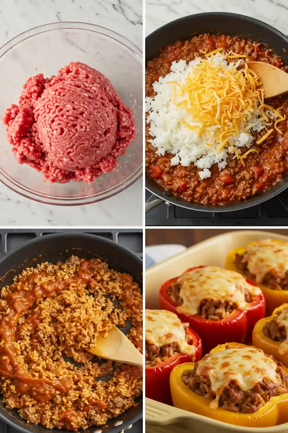Step-by-step process for making Costco stuffed bell pepper recipe from roasting to stuffing and baking