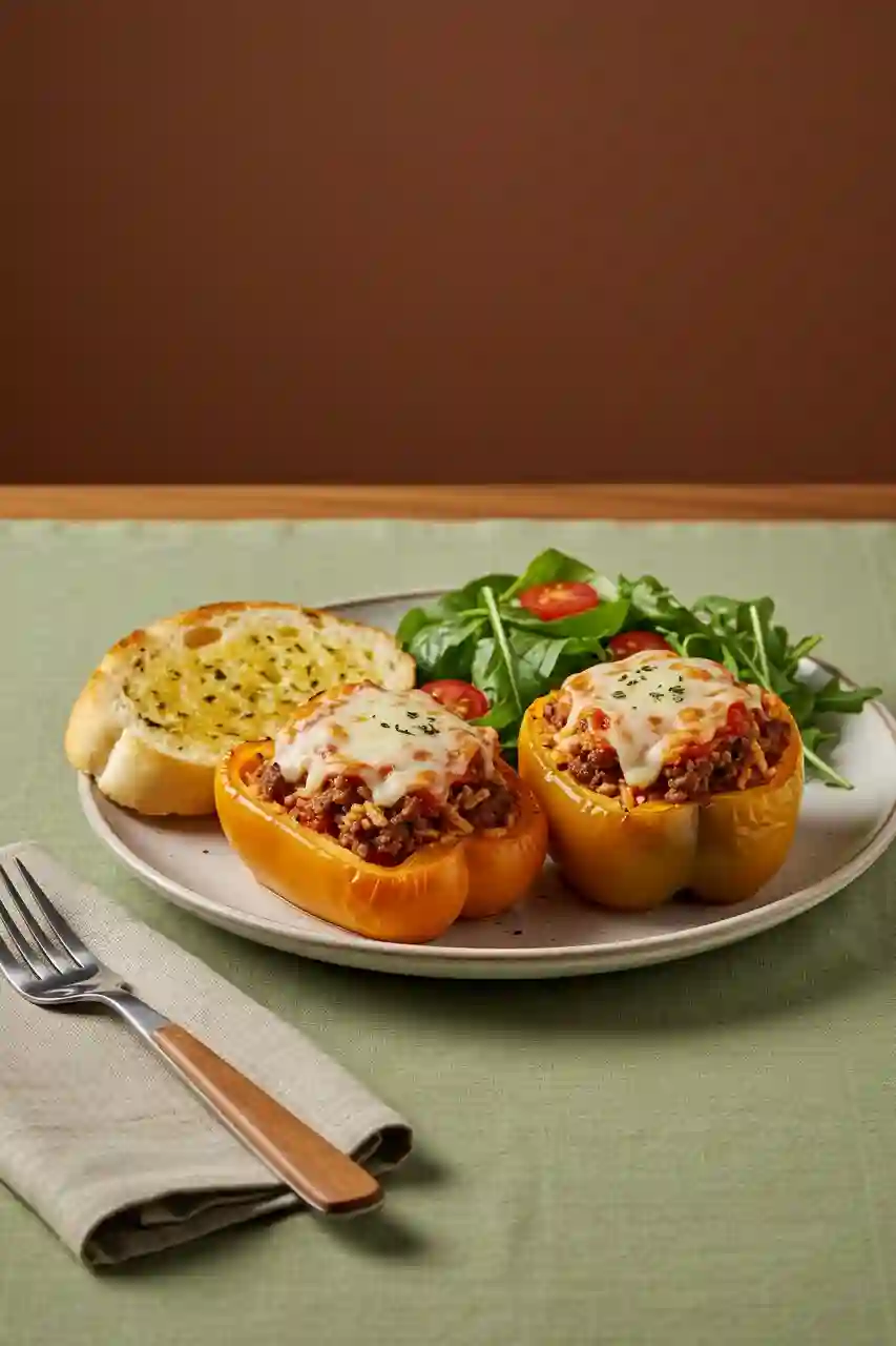 Served Costco stuffed bell peppers with salad and garlic bread on ceramic plate