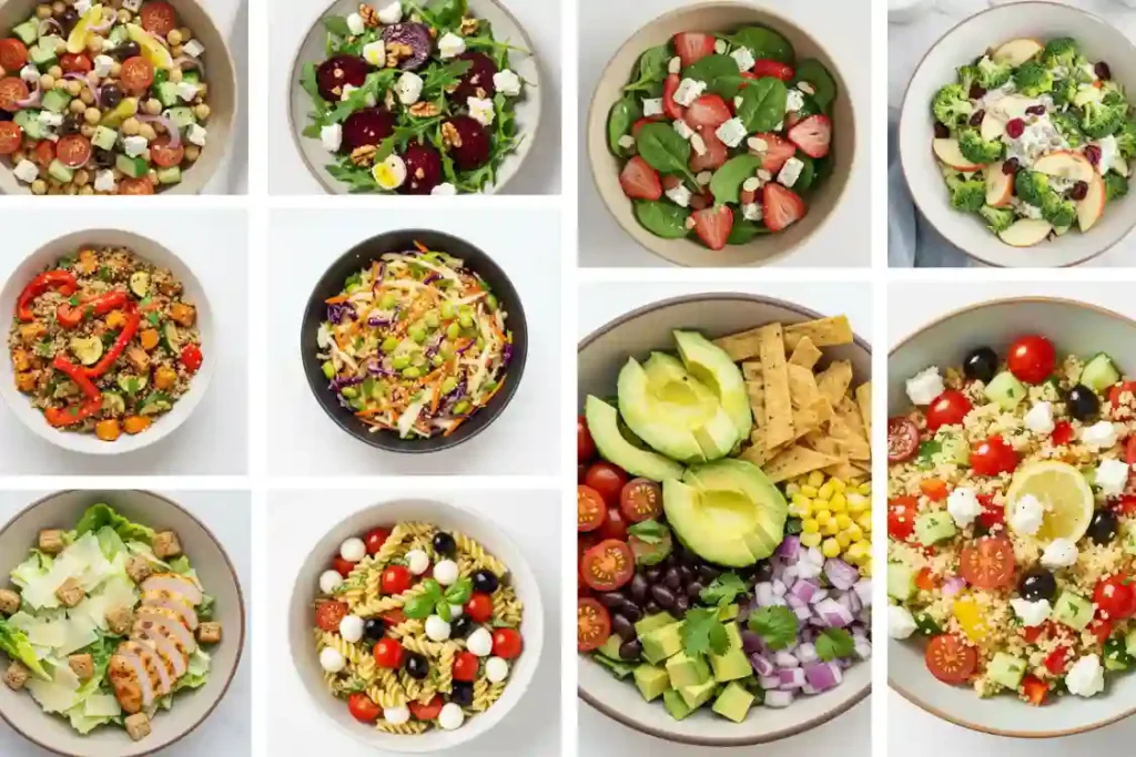 Top-down view of 10 easy healthy salads in bowls, each made with fresh, colorful ingredients on a white background.