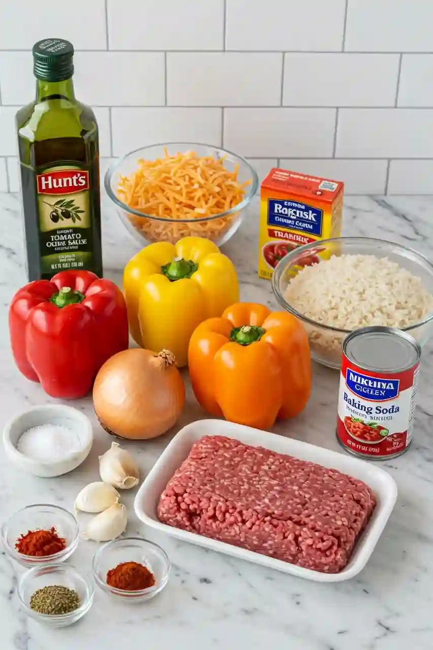 Ingredients for Costco stuffed bell pepper recipe including ground beef rice peppers and spices