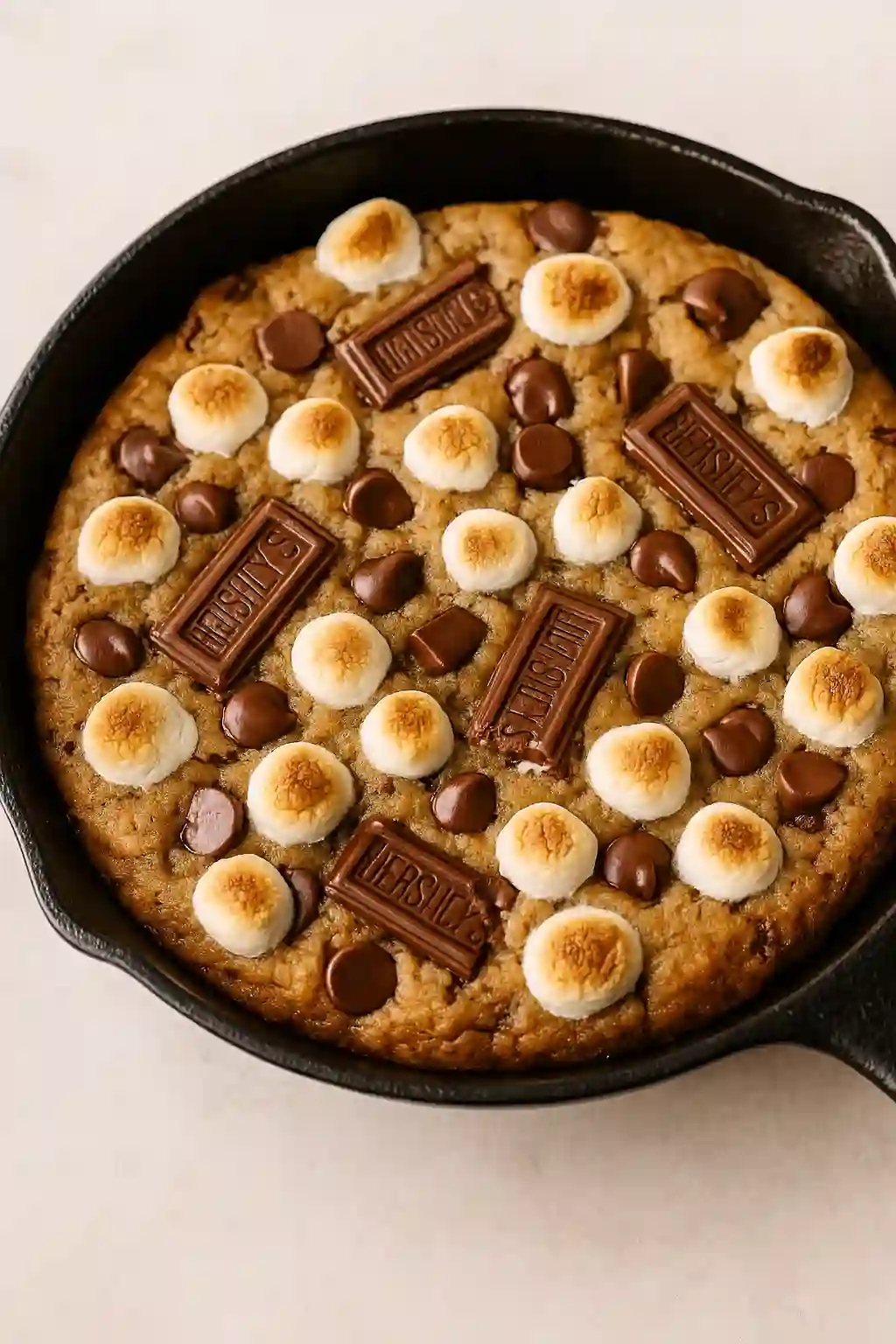 Swicy S'mores Cookie in cast iron skillet with melted chocolate chips, Hershey’s bars, and toasted marshmallows