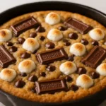 Freshly baked Swicy S'mores Cookies with melted chocolate chips and toasted marshmallows in a cast iron skillet.