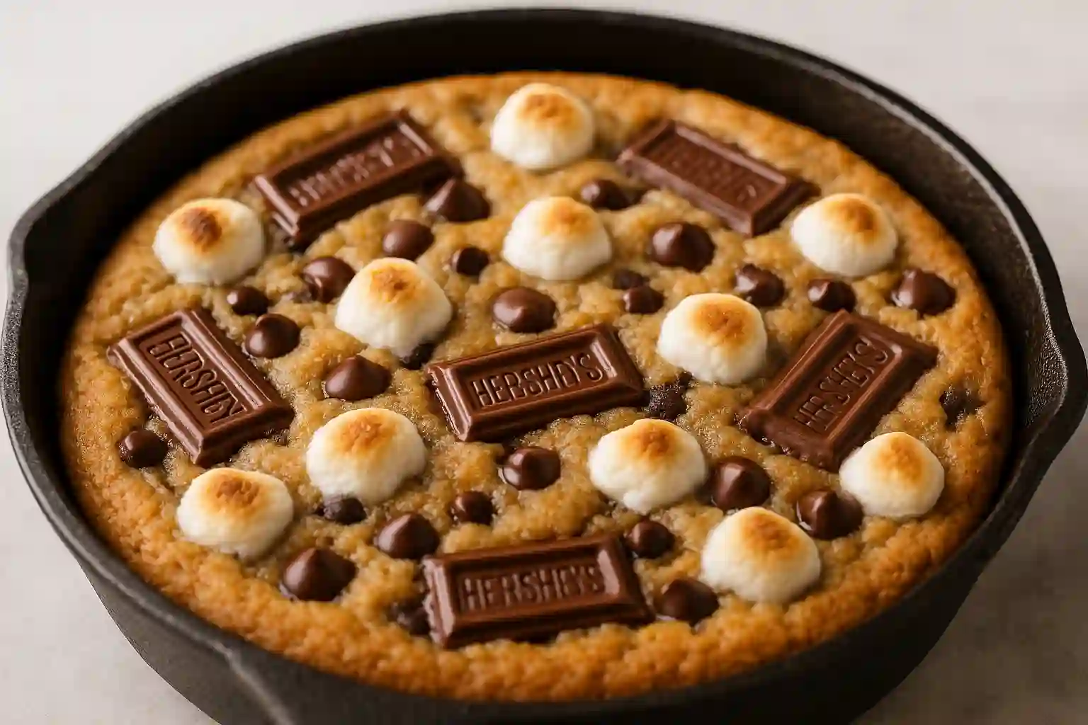 Freshly baked Swicy S'mores Cookies with melted chocolate chips and toasted marshmallows in a cast iron skillet.