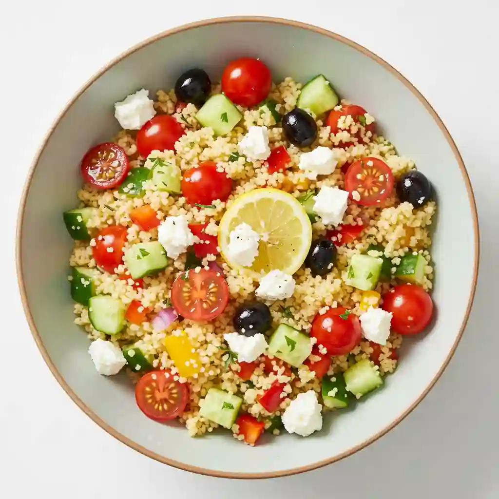 Greek couscous salad with cucumbers, tomatoes, olives, and feta.