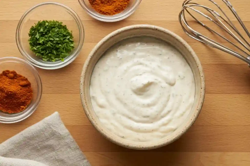 Creamy Cajun ranch dressing in a small ceramic bowl on a wooden surface