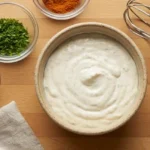 Creamy Cajun ranch dressing in a small ceramic bowl on a wooden surface