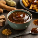 Glossy tram sauce in a ceramic bowl with tamarind, jaggery, spices, and fries