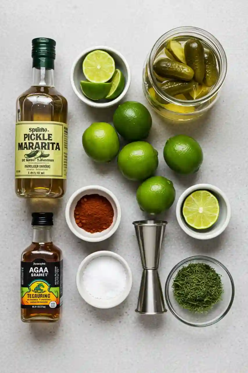 Flatlay of spicy pickle margarita ingredients
