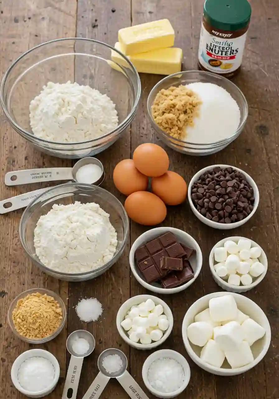 Ingredients for Swicy S'mores Cookies arranged on a wooden countertop, including sugar, butter, chocolate chips, and marshmallows.