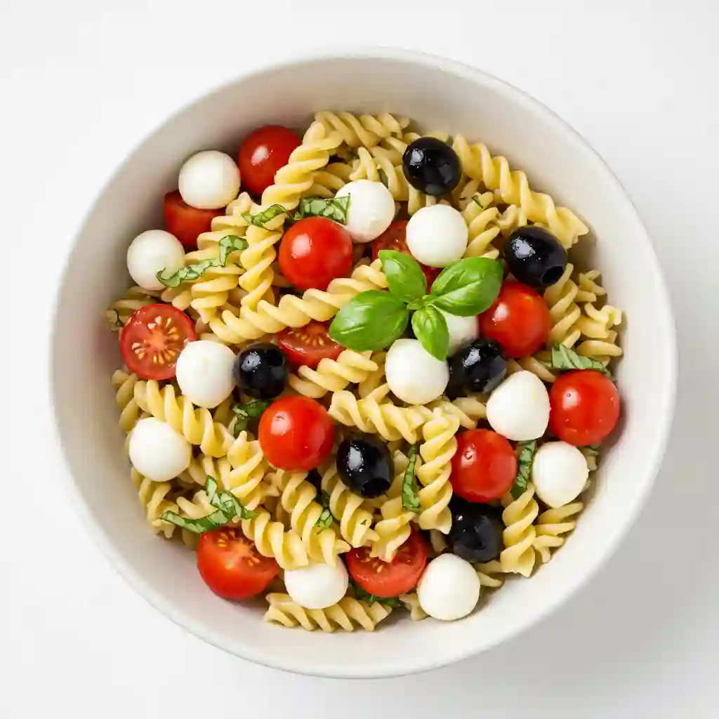 Italian pasta salad with rotini, tomatoes, olives, and mozzarella.