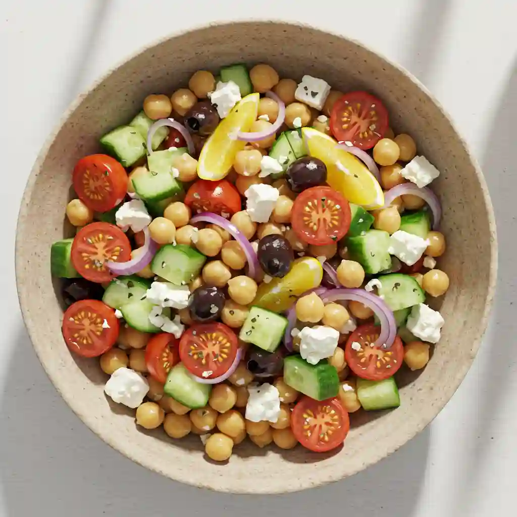 Mediterranean chickpea salad with cucumbers, tomatoes, olives, and feta in a ceramic bowl.