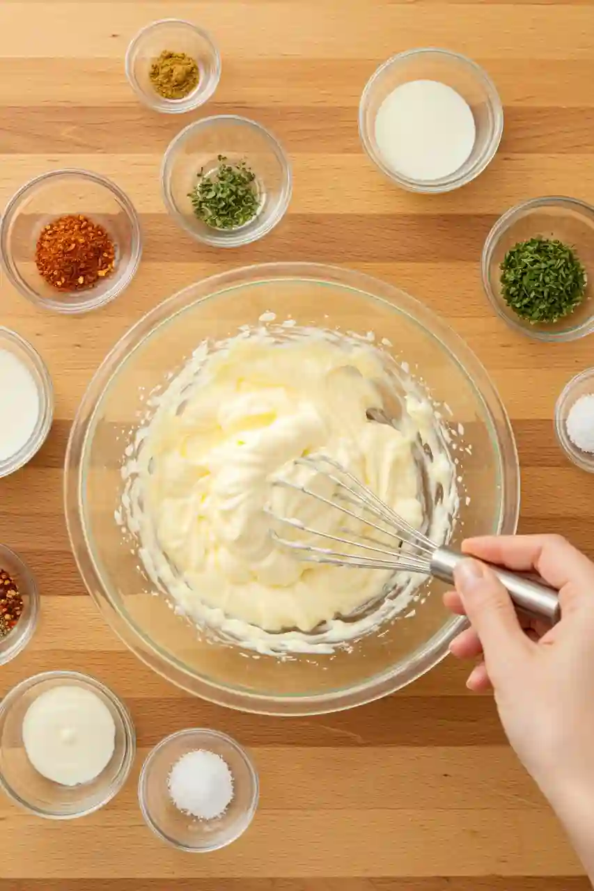 Whisking Cajun ranch dressing in a bowl with herbs and spices on the side