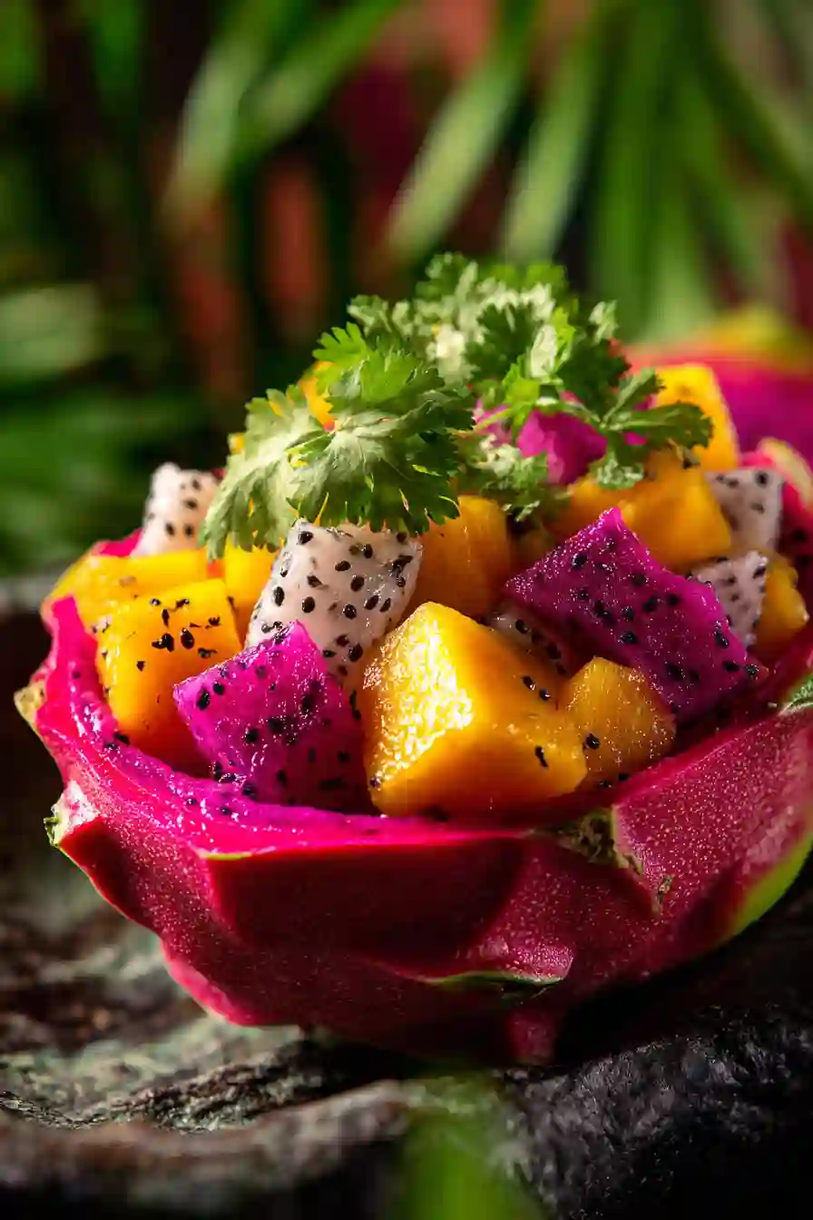 A vibrant Pitaya Yellow Dragon Fruit Salad served in a pink pitaya peel with dragon fruit, mango cubes, and a sprinkle of Tajín.