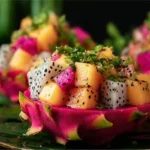 A vibrant Pitaya Yellow Dragon Fruit Salad with dragon fruit cubes, mango, and mint, placed in a pink pitaya peel.