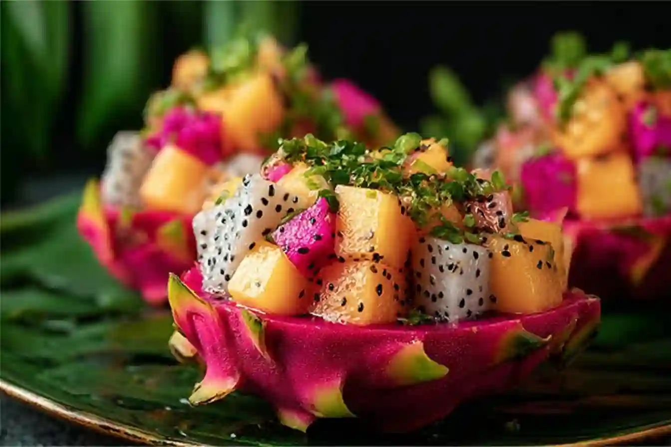 A vibrant Pitaya Yellow Dragon Fruit Salad with dragon fruit cubes, mango, and mint, placed in a pink pitaya peel.