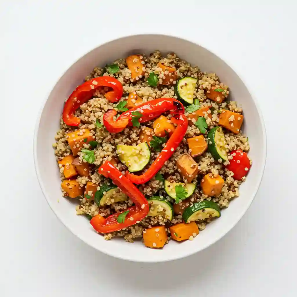 Quinoa salad with roasted vegetables served in a white bowl on a bright background.