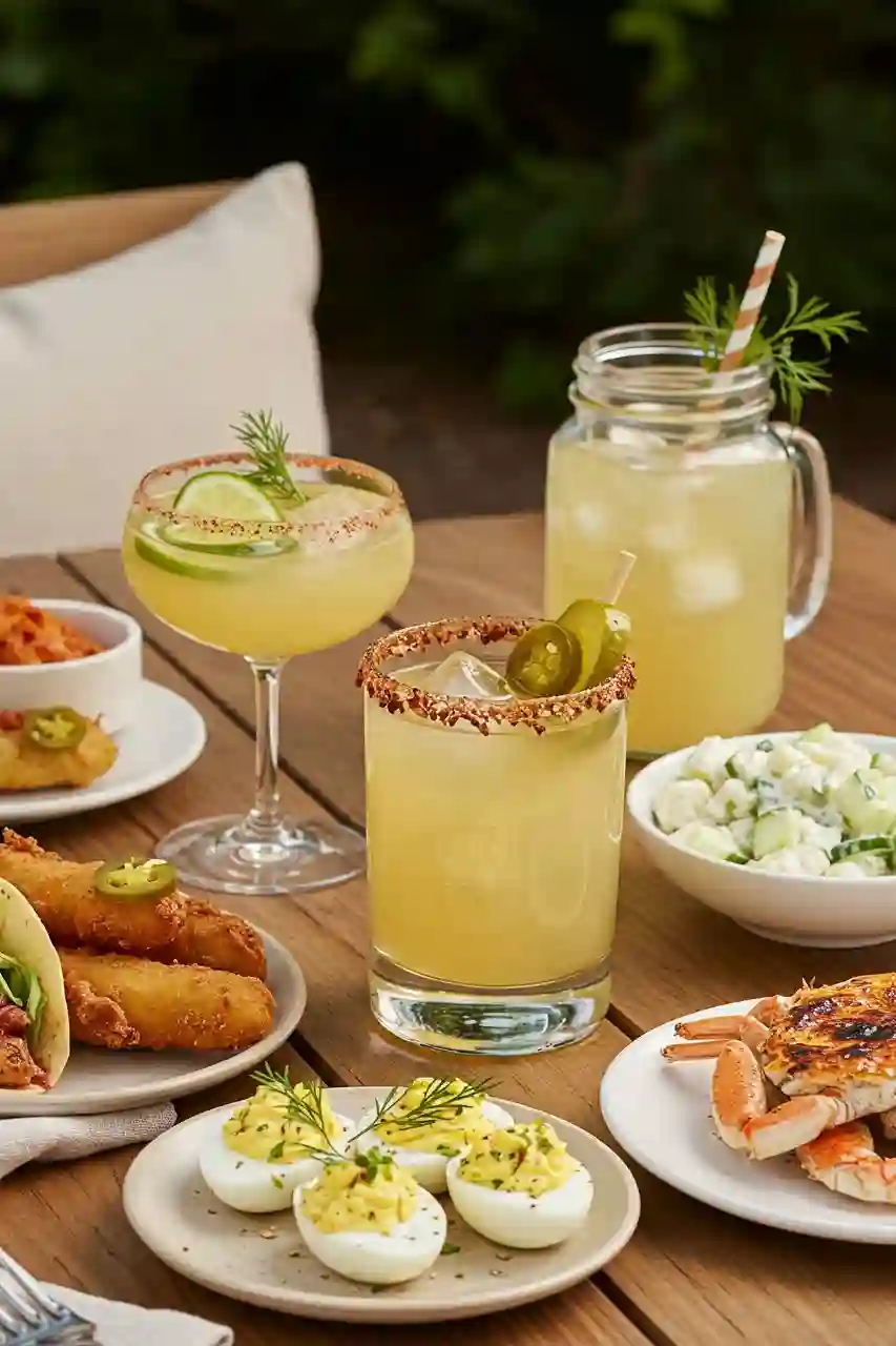 Spicy Pickle Margarita with savory food pairings