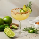 Spicy Pickle Margarita in a garnished coupe glass