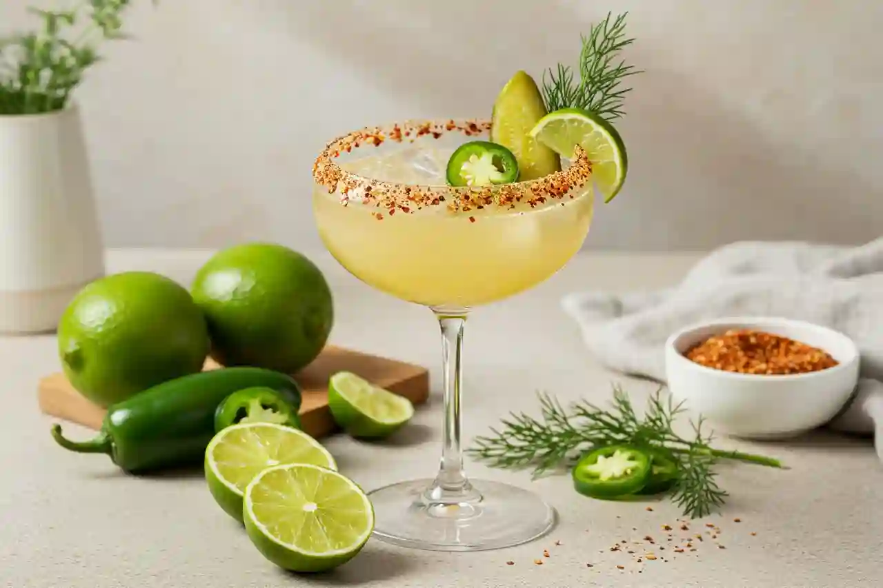 Spicy Pickle Margarita in a garnished coupe glass