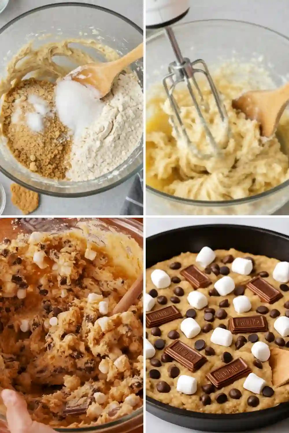 Step-by-step process of making Swicy S'mores Cookies, showing mixing ingredients, pressing dough, and baking.