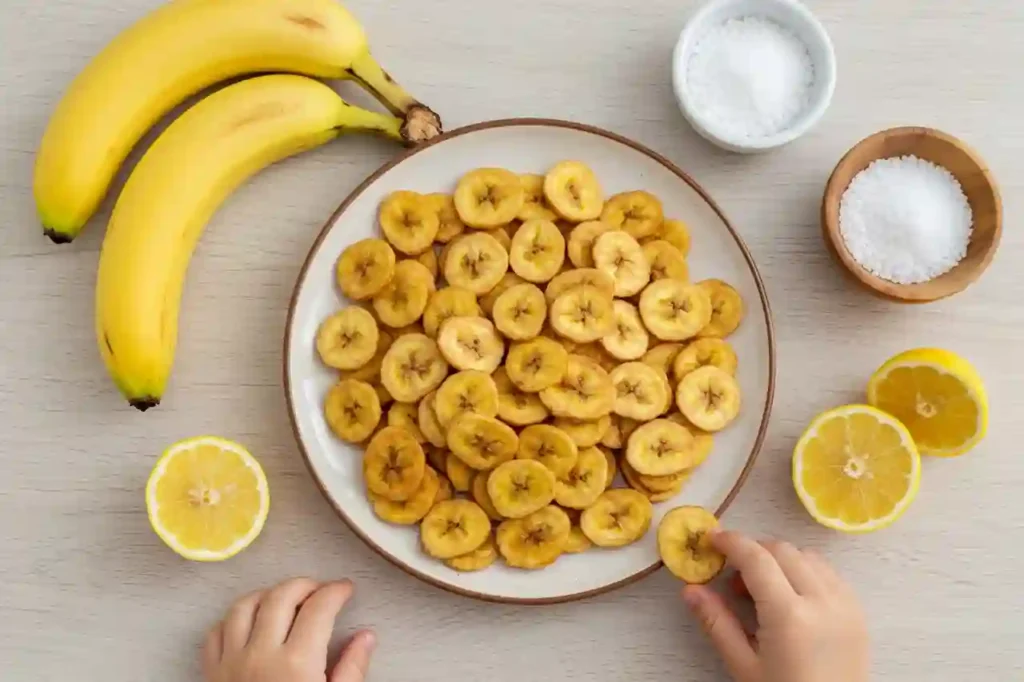 Plate of banana chips with kid’s hand reaching