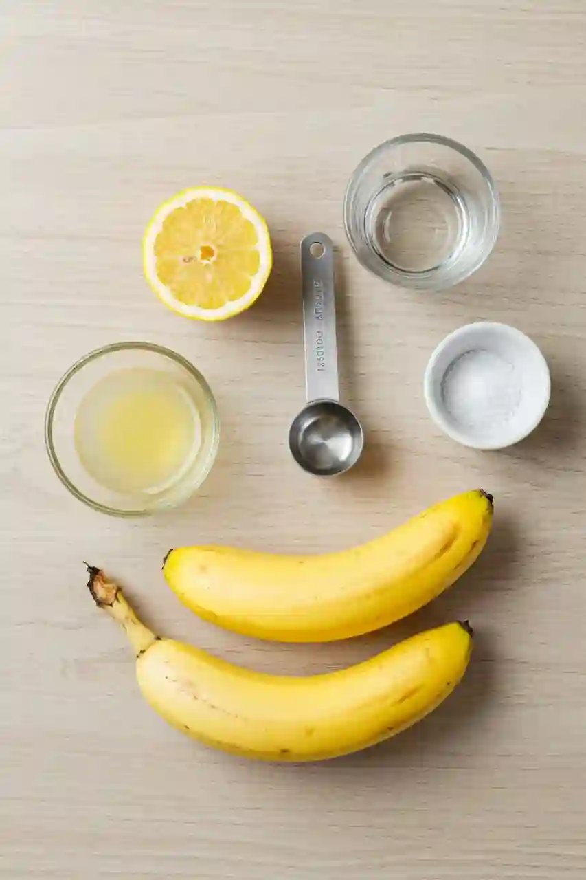 Ingredients for banana chips: bananas, lemon juice, water, salt