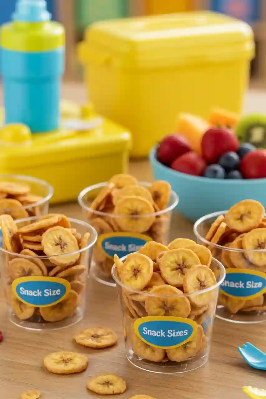 Snack-size portions of banana chips for kids