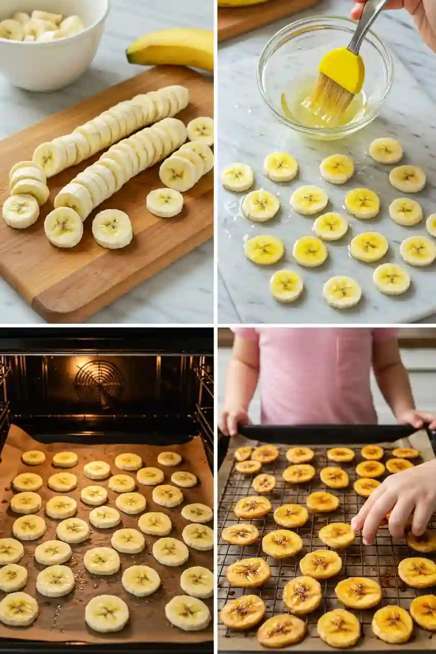Four steps to make banana chips: slicing, brushing, baking, cooling